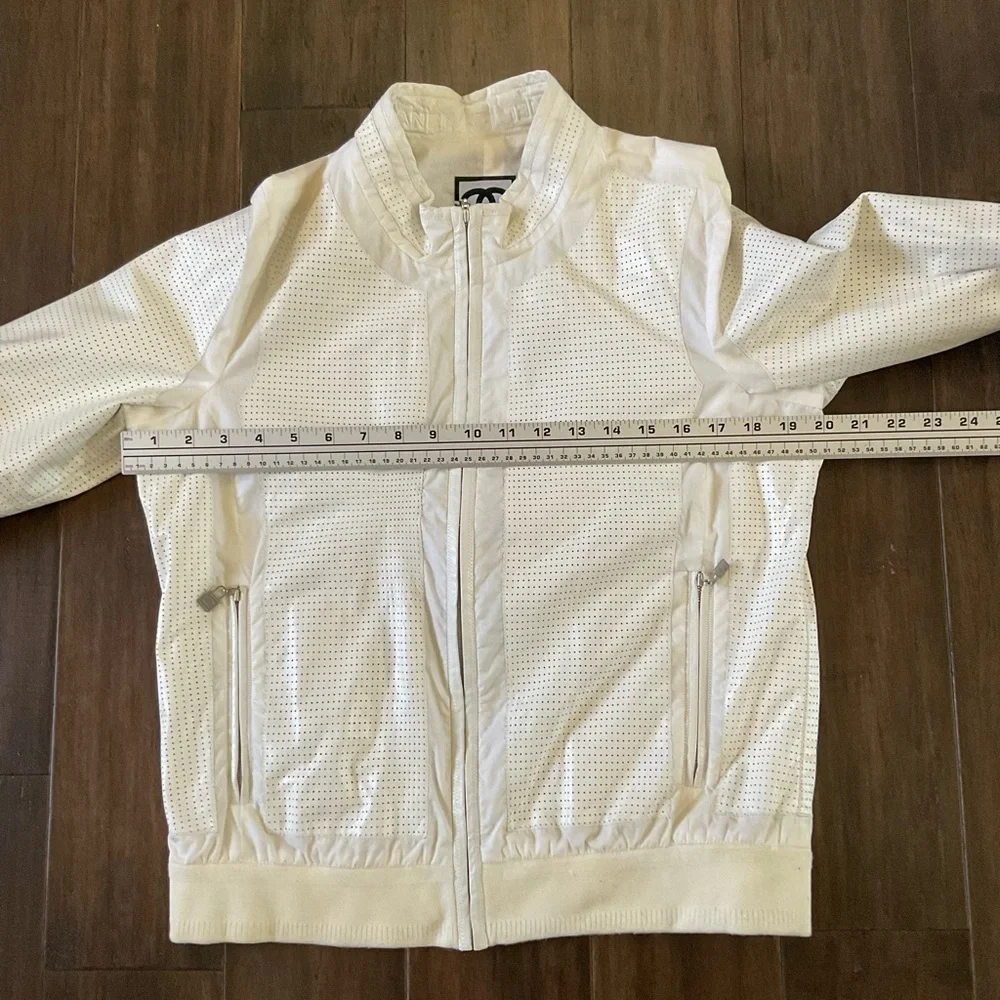 Chanel White Size 8-10 Perforated Leather Bomber Jacket Branded Back Stripe